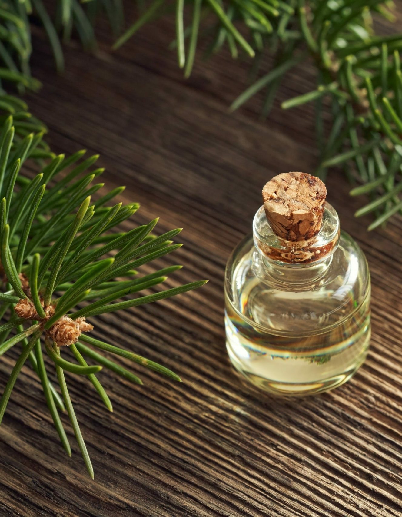 Ätherisches Öl in einem kleinen Apothekerfläschchen Sauna Aufguss Rohstoffe
